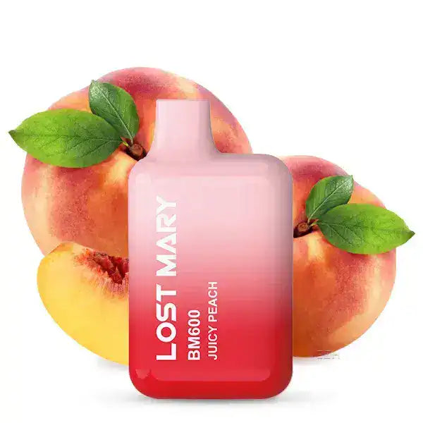 Lost Mary Juicy Peach Produktbild mit Pfirsich im Hintergrund