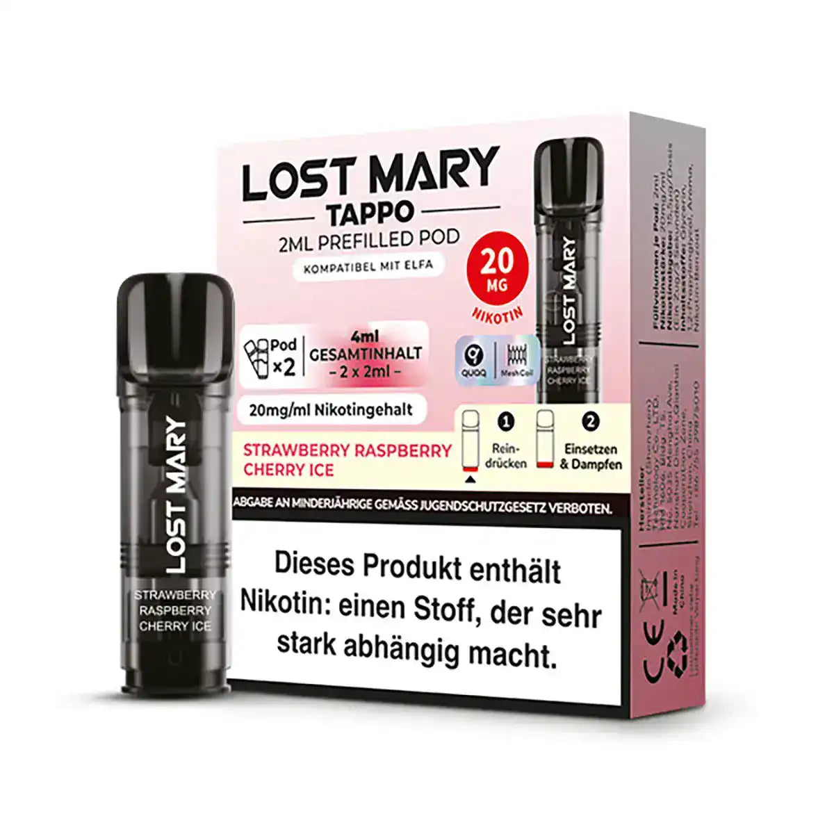 Lost Mary Tappo Prefilled Pods – Kompatibel mit ELFA Vapes, 4ml Gesamtinhalt (2 x 2ml Pods) mit dem fruchtigen Geschmack von Erdbeere, Himbeere und einem kühlen Kirsch-Eis-Mix. Mit 20mg/ml Nikotin bieten diese Pods ein intensives und erfrischendes Dampferlebnis. Einfach zu verwenden und perfekt für Dampfer, die nach einer belebenden Fruchtkombination suchen. Achtung: Das Produkt enthält Nikotin, das stark abhängig machen kann.