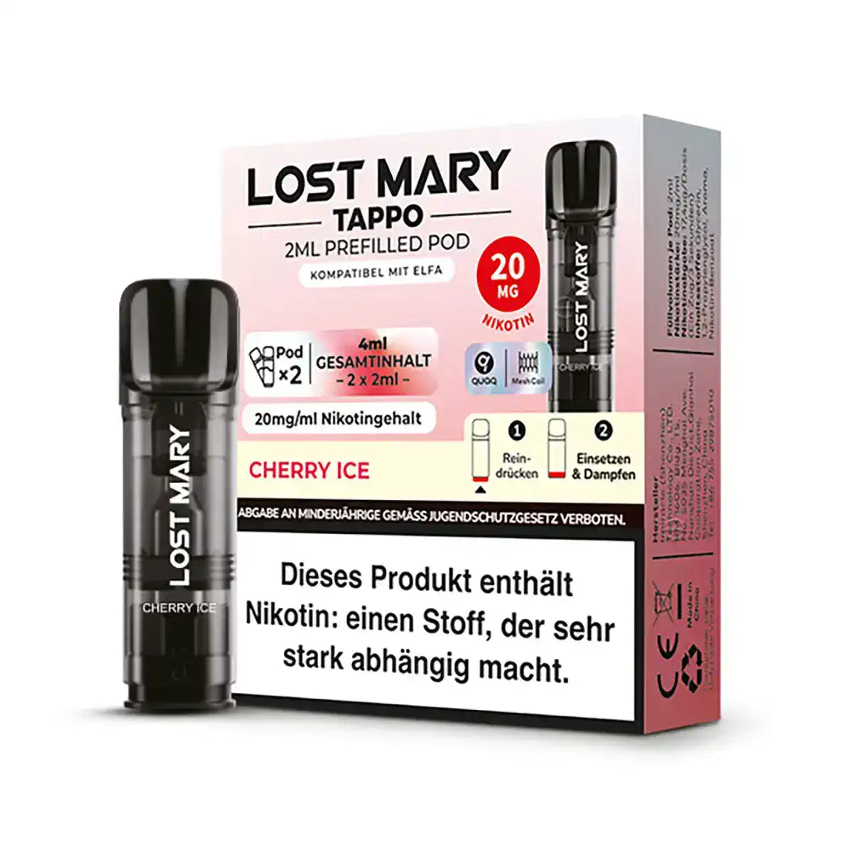 Lost Mary Tappo Prefilled Pods – Kompatibel mit ELFA Vapes, enthalten 4ml Flüssigkeit (2 x 2ml Pods) mit dem erfrischenden Geschmack von Kirsche und Eis. Diese Pods bieten ein intensives Dampferlebnis mit 20mg/ml Nikotin und sind besonders für Dampfer geeignet, die eine kühlende und fruchtige Note bevorzugen. Einfach zu verwenden und ideal für schnelle, genussvolle Dampfmomente. Achtung: Das Produkt enthält Nikotin, das stark abhängig machen kann.