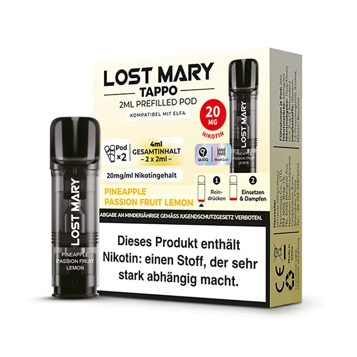 Lost Mary Tappo Prefilled Pods – Kompatibel mit ELFA Vapes, mit einem Gesamtinhalt von 4ml (2 x 2ml Pods). Diese Pods bieten einen intensiven Geschmack von Ananas, Passionsfrucht und Zitrone und enthalten 20mg/ml Nikotin für ein befriedigendes Dampferlebnis. Einfach zu bedienen und ideal für Dampfer, die nach einem fruchtigen und erfrischenden Geschmack suchen. Achtung: Dieses Produkt enthält Nikotin, das stark abhängig machen kann