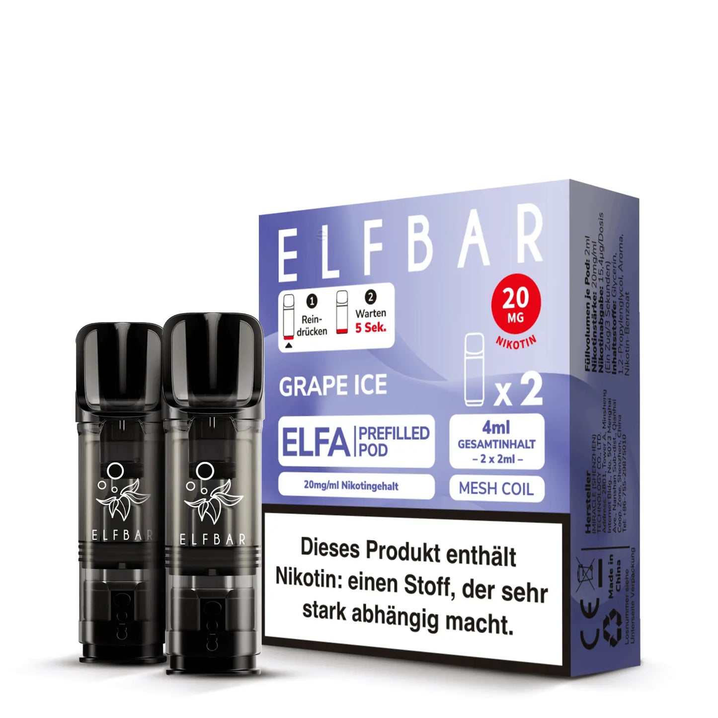 Verpackung der Elfa Pods Grape Ice – 2 vorgefüllte Pods mit 20 mg Nikotin und Mesh Coil für intensiven Geschmack und frisches Dampferlebnis