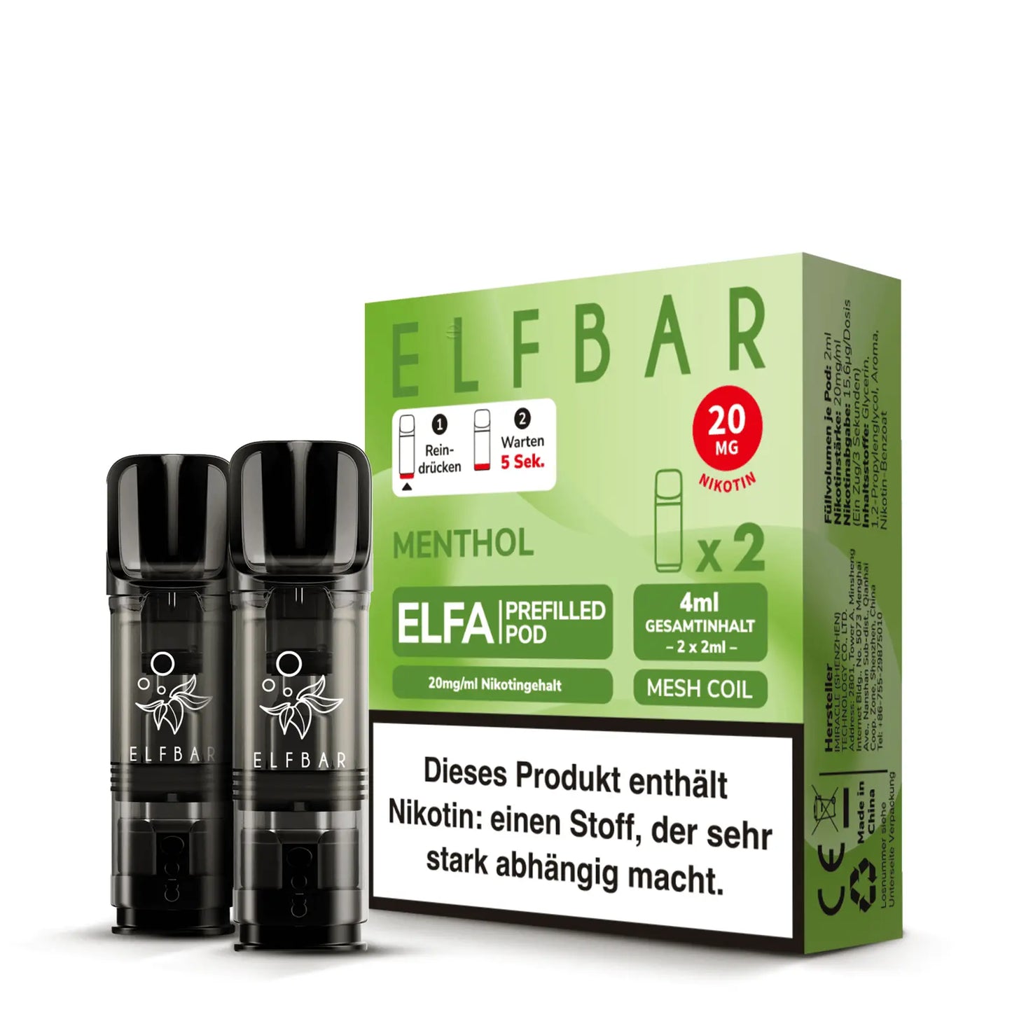 Elfa Pods Menthol Doppelpackung – Elfbar Nikotin-Pods mit 20 mg/ml, 2 x 2 ml Füllmenge, inklusive Verpackung und Warnhinweis.