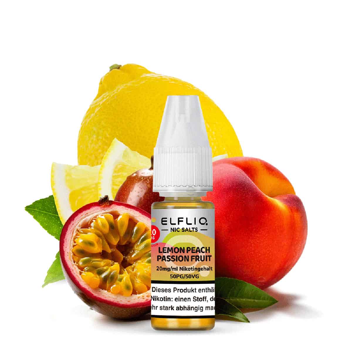 ELFLIQ Lemon Peach Passion Fruit Nikotinsalz Liquid mit 20 mg/ml Nikotingehalt – Flasche vor frischen Zitronen-, Pfirsich- und Passionsfrüchten