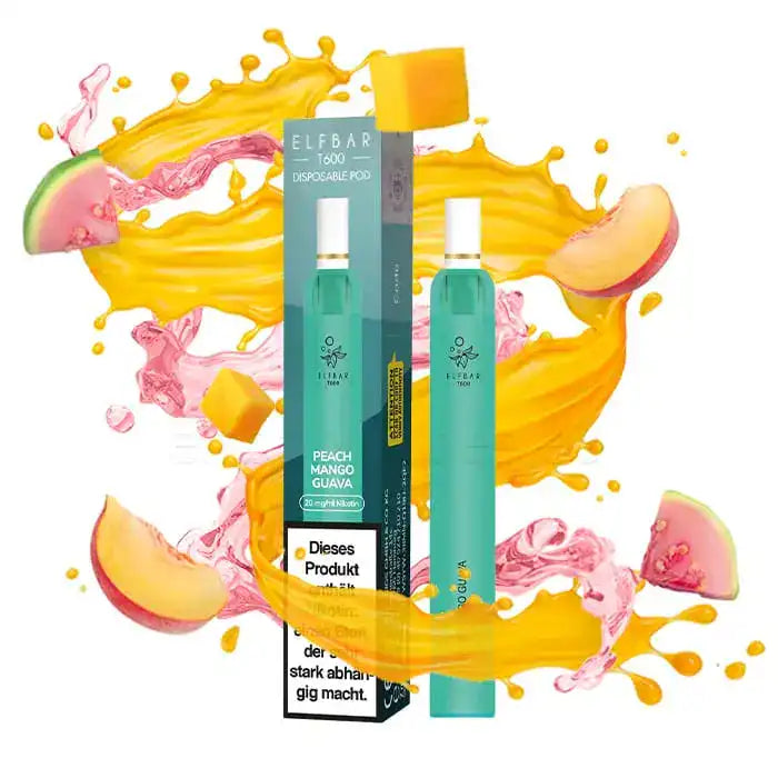 ELFBAR T600 Einweg E-Zigarette in der Geschmacksrichtung Peach Mango Guava, umgeben von Illustrationen tropischer Früchte wie Pfirsich, Mango und Guave. Die Verpackung zeigt den Nikotingehalt von 20 mg.