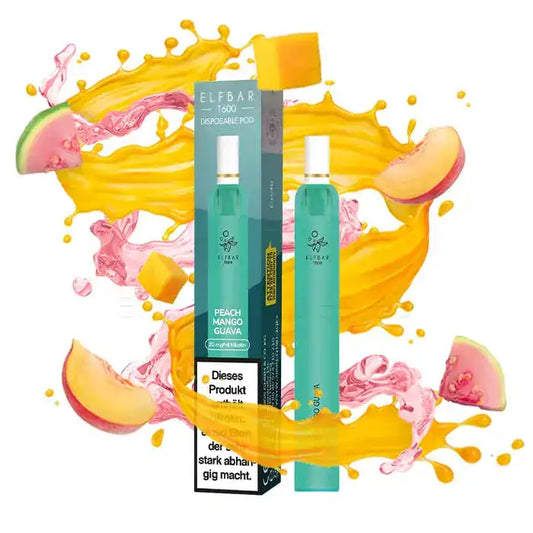 ELFBAR T600 Einweg E-Zigarette in der Geschmacksrichtung Peach Mango Guava, umgeben von Illustrationen tropischer Früchte wie Pfirsich, Mango und Guave. Die Verpackung zeigt den Nikotingehalt von 20 mg.