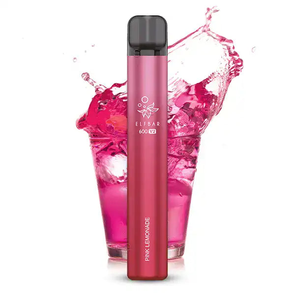 Bild mit Elfbar V2 Pink Lemonade im Hintergrund ein erfrischendes Lemonaden Glas