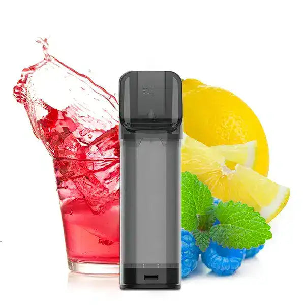 ELFA Pods Blue Razz Lemonade mit roter Limonade, blauen Himbeeren und Zitronen im Hintergrund
