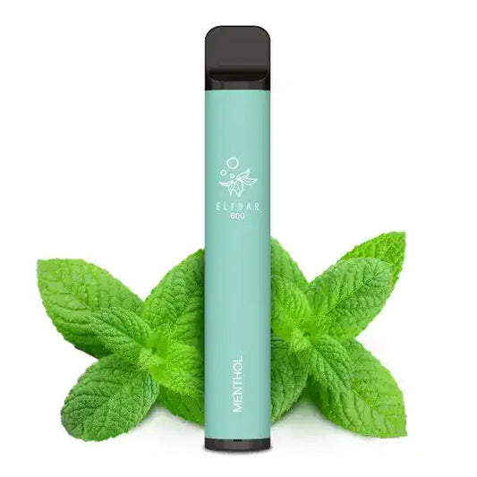 Elfbar Menthol Produktbild mit zwei Minzblättern im Hintergrund