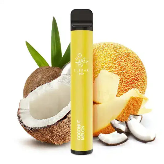 Elfbar Coconut Melon Produktbild mit Kokosnuss und Melone im Hintergrund