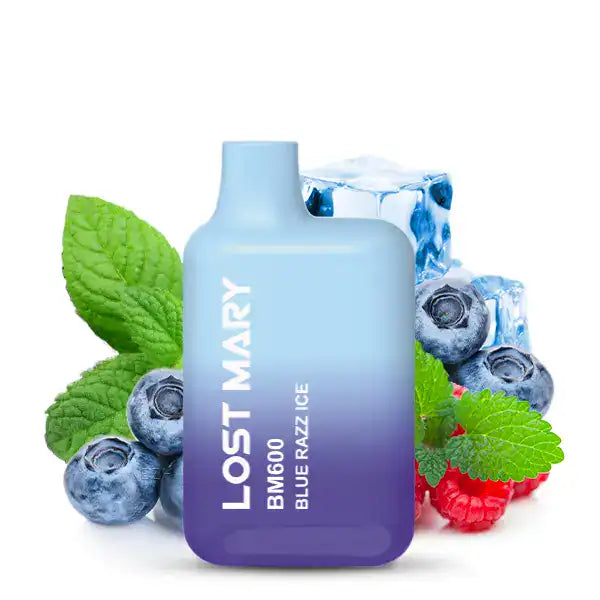 Lost Mary Blue Razz Ice Produktbild mit Blaubeeren, Himbeeren und Eiswürfel im Hintergrund