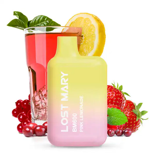 Lost Mary Pink Lemonade abgebildet mit verschiedenen roten Früchten und roter Limonade