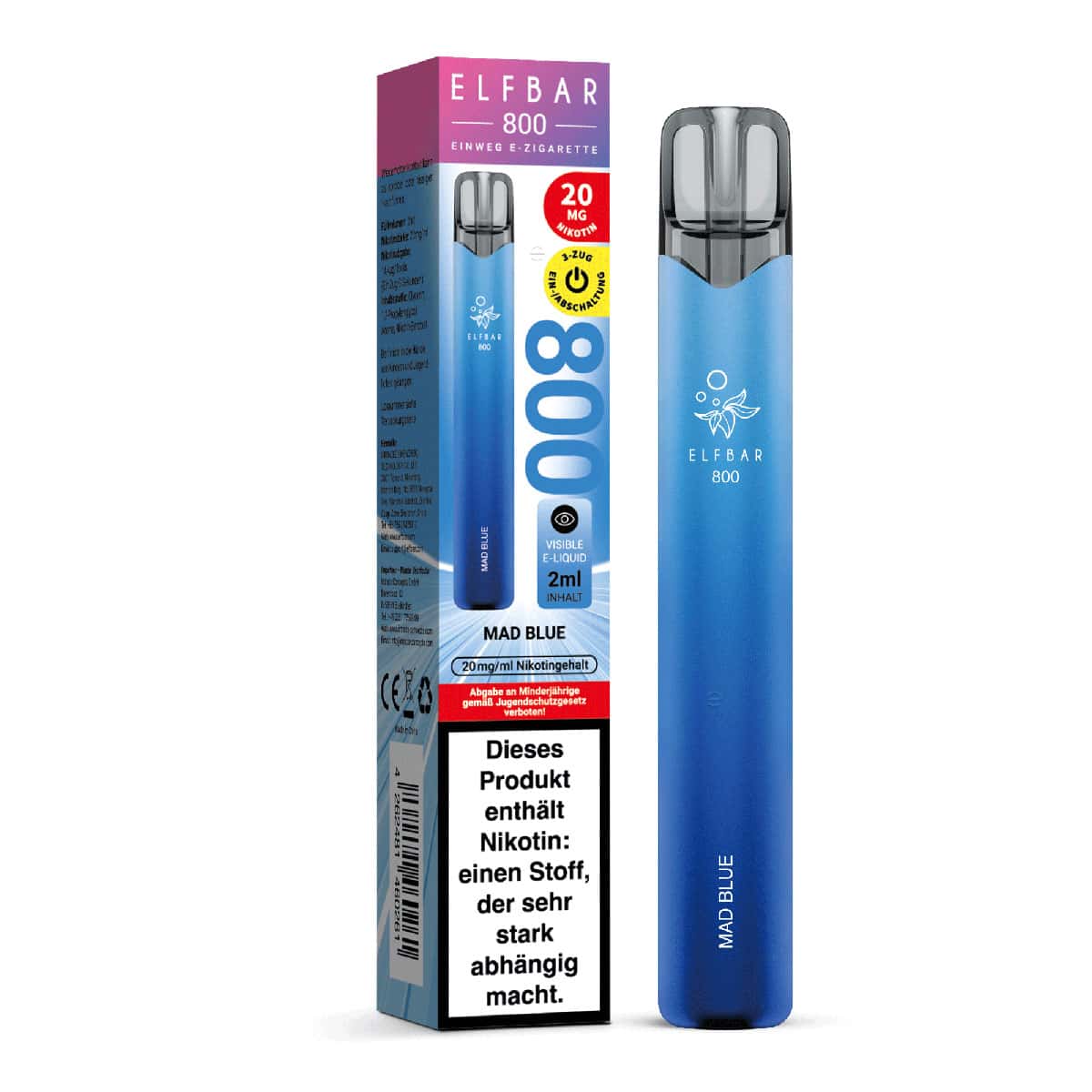 ELFBAR 800 Mad Blue Einweg E-Zigarette mit Verpackung – auffälliges blaues Design, 2 ml E-Liquid mit Beerenmix, 20 mg Nikotin, Warnhinweis deutlich auf der Verpackung erkennbar
