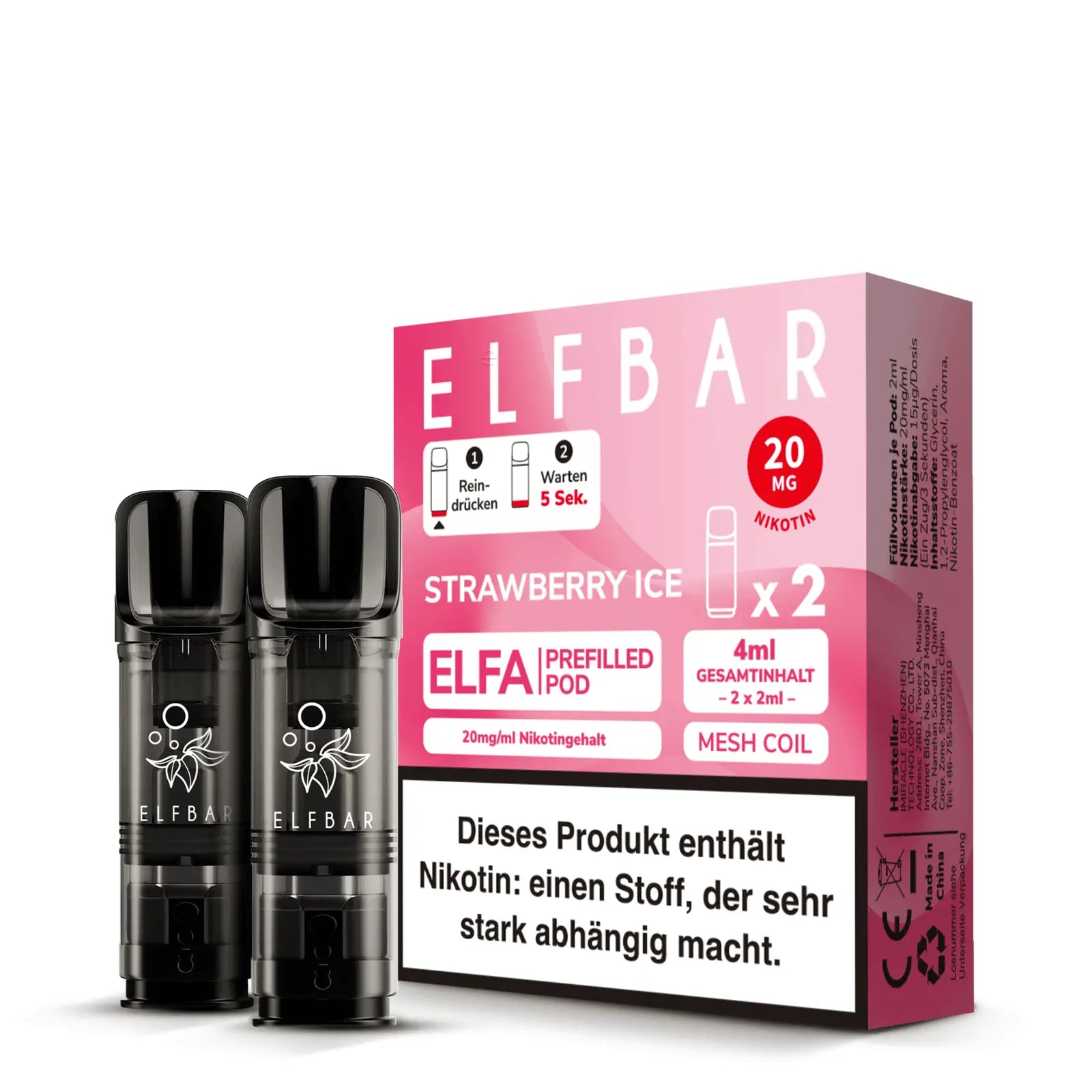 ELFBAR ELFA Strawberry Ice 20 mg/ml – Produktverpackung mit zwei vorgefüllten Pods, Mesh Coil und Nikotinhinweis