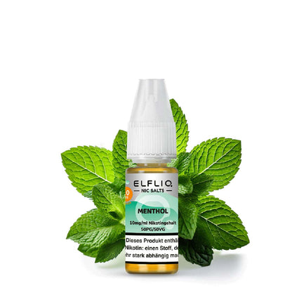ELFLIQ Menthol Nikotinsalz Liquid mit 10 mg/ml Nikotingehalt – Flasche vor frischen grünen Minzblättern