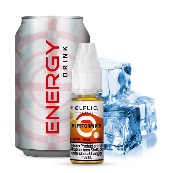 ELFLIQ ELFSTORM ICE Nikotinsalz Liquid – stylisches 10 ml Fläschchen vor frostig-blauem Hintergrund mit Eisoptik