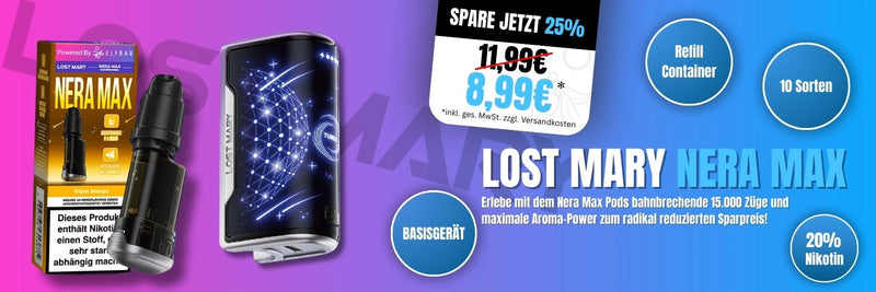 Lost Mary Nera Max Basisgerät kaufen – 15.000 Züge, 10 Sorten, 20mg Nikotin, ab 8,99€