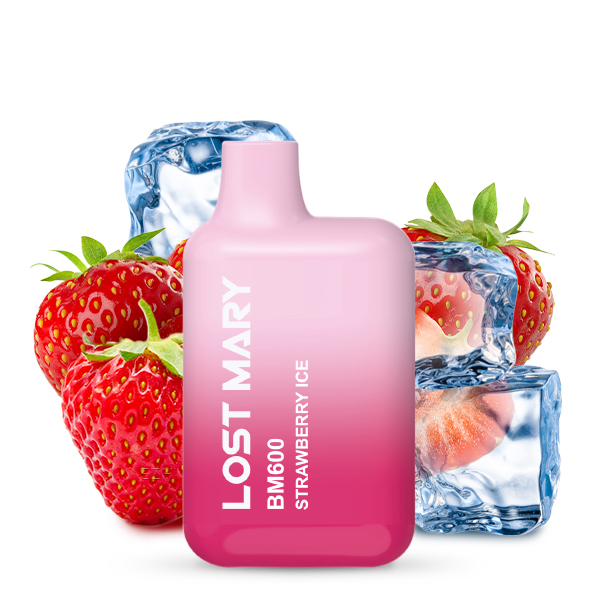 Lost Mary Strawberry Ice Produktbild mit Erdbeeren und Eis im Hintegrund