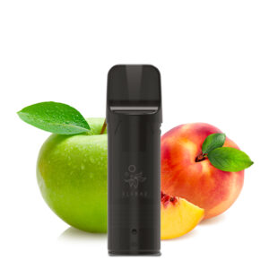 ELFA Pods Apple Peach im Vordergrund mit Apfel und Pfirsich im Hintergrund