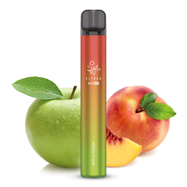 Bild mit einzelne Elfbar V2 Apple Peach im Hintergrund sind Äpfel und Pfirsiche.
