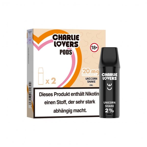 Charlie Lovers Unicorn Shake Pods 20 mg/ml im Doppelpack, die Pods sind kompatibel mit dem ELFA Basisgerät.