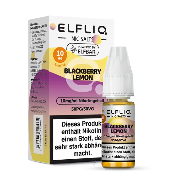 Elfliq Blackberry Lemon, 10ml 20 mg/ml Nikotinstärke Verpackung mit Flasche