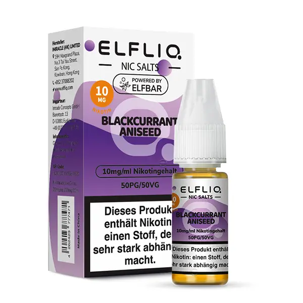 Elfliq Blackcurrant Aniseed, 10 ml, 20 mg/ml Nikotingehalt Verpackung