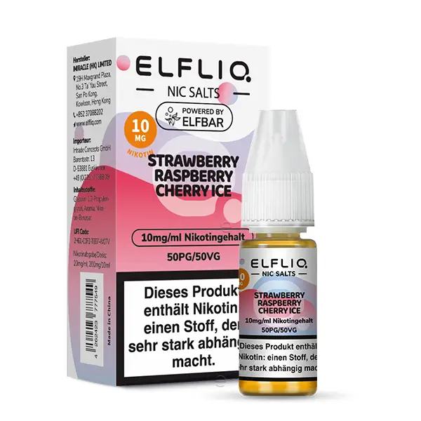 Elfliq Strawberry Raspberry Cherry Ice, 10 ml, 20 mg/ml Nikotingehalt und Verpackung