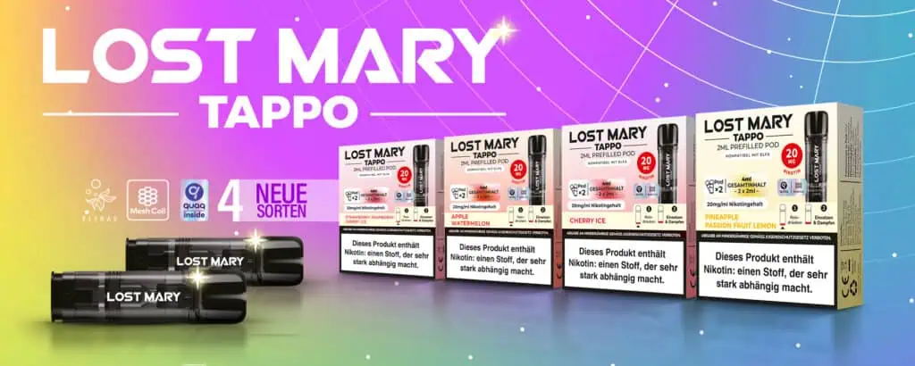 Werbebanner mit Lost Mary Tappo Pods – 4 neue Sorten wie Apple Watermelon & Cherry Ice, kompatibel mit Elfbar-System, 20 mg Nikotingehalt