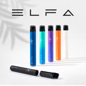 Elfbar Disposable Vapes in verschiedenen Farben wie Blau, Grün, Orange und Schwarz, mit geöffnetem Vape und ELFA-Logo