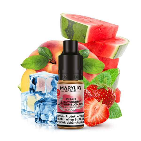 Maryliq Peach Strawberry Watermelon Ice E-Liquid – Intensiver Geschmack von saftigem Pfirsich, reifer Erdbeere & Wassermelone mit frischer Kühle, jetzt bei elfbar-vapes.eu