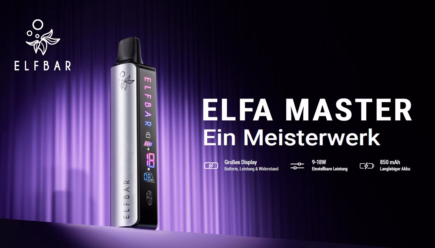 ELFBAR ELFA Master E-Zigarette mit großem Display, einstellbarer Leistung von 9-18W und 850 mAh Akku. Modernes Design mit LED-Anzeige für Batterie, Leistung und Widerstand. Lila-schwarzer Hintergrund mit ELFBAR-Logo und Slogan 'Ein Meisterwerk'.