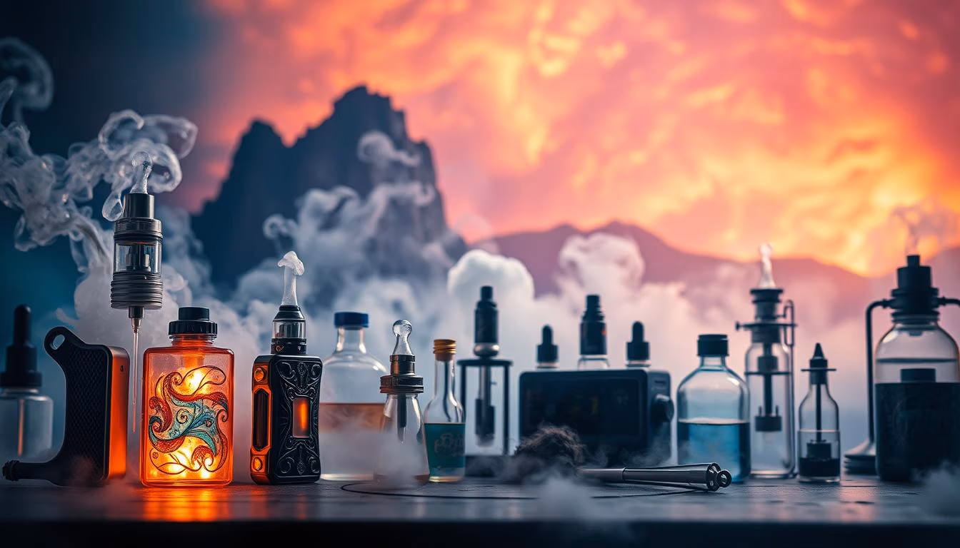 Eine fesselnde Szene, die die „Dampfmythen“ vor einer lebendigen, fantastischen Kulisse zeigt. Im Vordergrund eine Reihe detaillierter, farbenfroher Vape-Geräte, die an die Marke Elfbar Vapes EU erinnern und ein warmes, ätherisches Licht verbreiten. Im Mittelgrund eine Reihe von wissenschaftlichen Geräten und Forschungsmaterialien, die auf das im Titel des Abschnitts erwähnte „Expertenwissen und Forschungsergebnisse“ hinweisen. Der Hintergrund zeigt eine traumhafte, jenseitige Landschaft mit wirbelnden Nebeln und mystischen Elementen, die den Eindruck erwecken, dass „Mythen“ enträtselt werden. Die Gesamtkomposition ist dynamisch, mit einem Gefühl von Tiefe und einer kohärenten, visuell beeindruckenden Ästhetik.