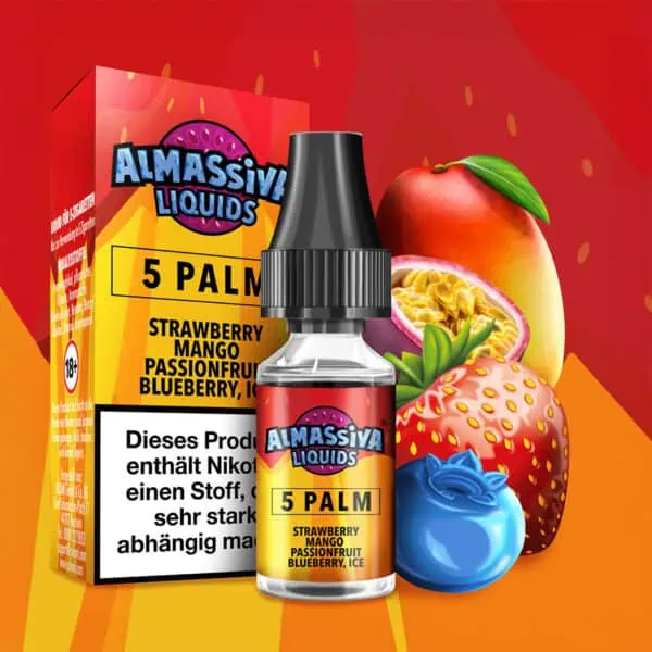 Al Massiva Liquid 5 Palm – E-Liquid mit Erdbeere, Mango, Maracuja, Blaubeere und Ice-Aroma, Produktfoto mit Früchten und Verpackung für elfbar-vapes.eu