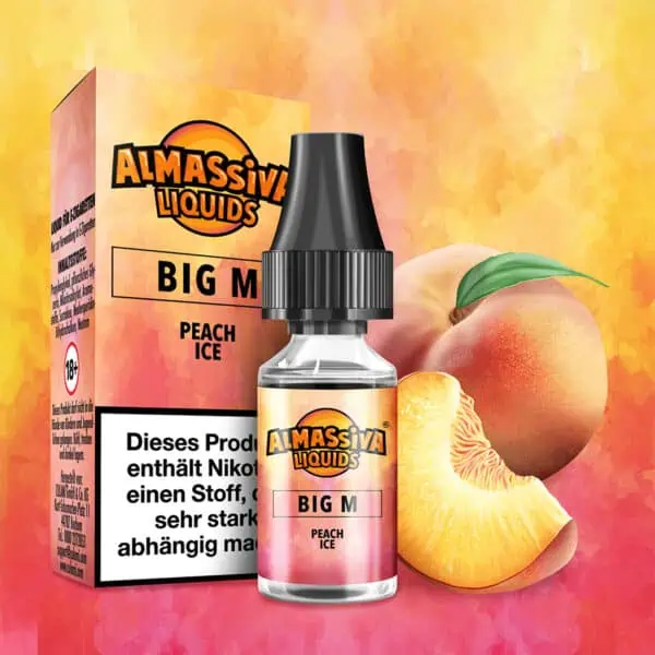 Al Massiva Liquid Big M Peach Ice – Fruchtiges E-Liquid mit Pfirsich und Ice-Effekt, Flasche mit Verpackung und Pfirsichfruchtmotiv für elfbar-vapes.eu