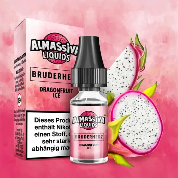 Al Massiva Liquid Bruderherz – Kühles E-Liquid mit exotischer Drachenfrucht und Ice-Aroma, Produktfoto mit Flasche, Verpackung und Fruchtmotiv für elfbar-vapes.eu