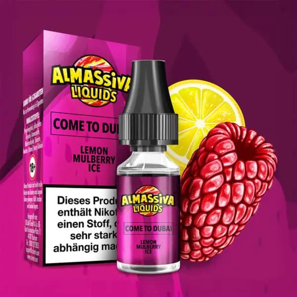 Al Massiva Liquid Come to Dubai – Erfrischendes E-Liquid mit Zitrone, Maulbeere und Ice-Aroma, Produktbild mit Flasche, Verpackung und Fruchtgrafik für elfbar-vapes.eu