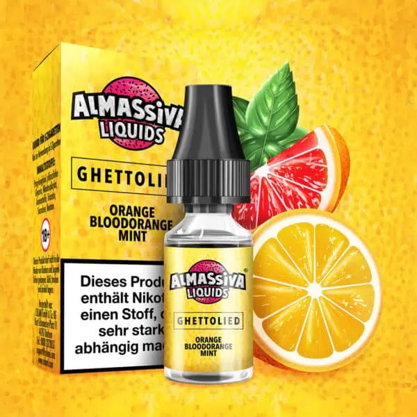 Al Massiva Liquid Ghettolied – Fruchtiges E-Liquid mit Orange, Blutorange und Minze, Produktabbildung mit Flasche, Verpackung und Zitrusfrüchten für elfbar-vapes.eu