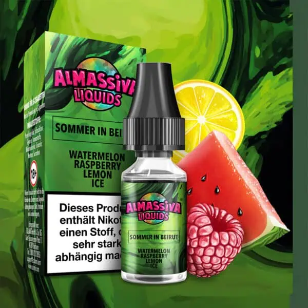 Al Massiva Liquid Sommer in Beirut – Fruchtiges E-Liquid mit Wassermelone, Himbeere, Zitrone und Ice-Aroma, Produktabbildung mit Verpackung für elfbar-vapes.eu