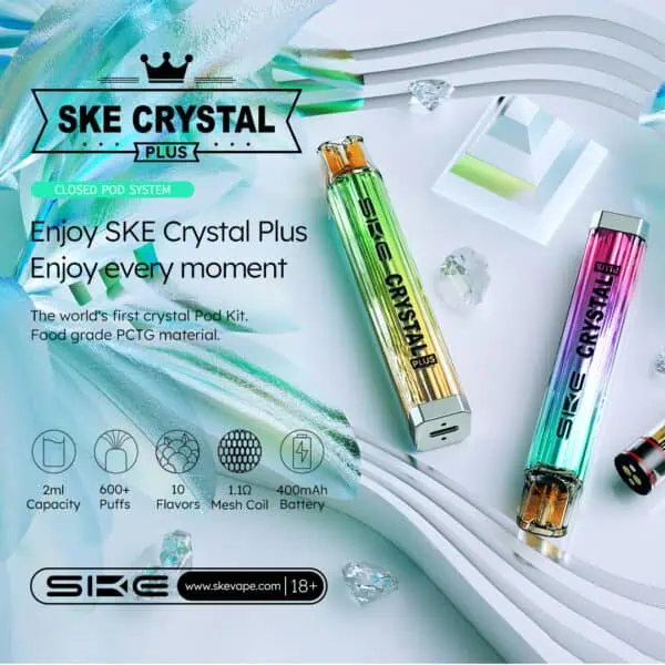 SKE Crystal Plus Pod Bundle – Stilvolles Closed Pod System mit 2 ml Tank, über 600 Zügen und Mesh Coil, modernes Produktdesign mit Farbverlauf für elfbar-vapes.eu