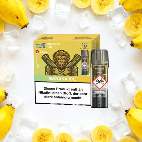 RandM Tornado Pods Banana Ice mit 20 mg/ml Nikotin – auffällige Verpackung mit Gorilla-Grafik, abgebildeter Pod mit Gefahrensymbol, umgeben von Eiswürfeln und frischen Bananenstücken