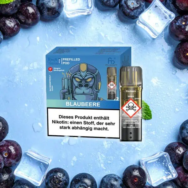 RandM Tornado Pods Blaubeere 20 mg/ml – Produktfoto mit Verpackung und Pod vor eisigem Hintergrund mit Blaubeeren und Eiswürfeln. Aufdruck: Nikotin-Warnhinweis und Totenkopf-Gefahrensymbol. Geschmack: Blaubeere.