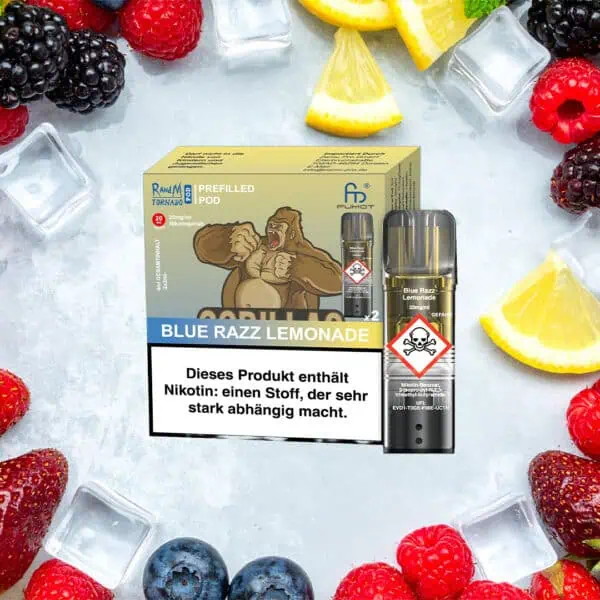 RandM Tornado Pods Blue Razz Lemonade mit auffälliger Gorilla-Verpackung und Pod auf eisigem Hintergrund mit Beeren und Zitronenscheiben – sommerlich-frisches Design mit Nikotinwarnung.