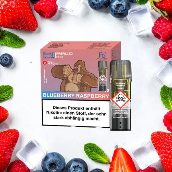 RandM Tornado Pods Blueberry Raspberry mit markanter Gorilla-Verpackung, Pod-Design und Früchten im Hintergrund – fruchtige Mischung aus Blaubeeren und Himbeeren mit 20 mg/ml Nikotin.