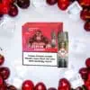 RandM Tornado Pods Cherry mit markantem Gorilla-Design auf roter Verpackung, umgeben von Kirschen und Eiswürfeln – 20 mg/ml Nikotingehalt, intensiver Kirschgeschmack