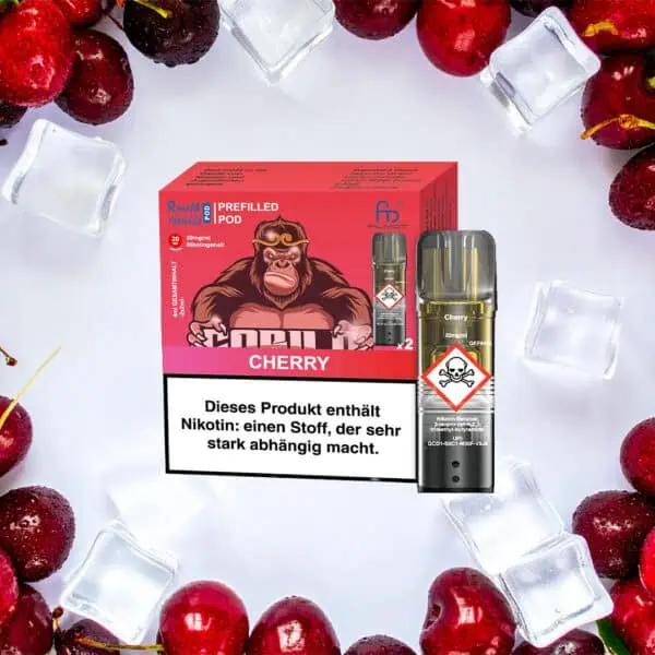 RandM Tornado Pods Cherry mit markantem Gorilla-Design auf roter Verpackung, umgeben von Kirschen und Eiswürfeln – 20 mg/ml Nikotingehalt, intensiver Kirschgeschmack
