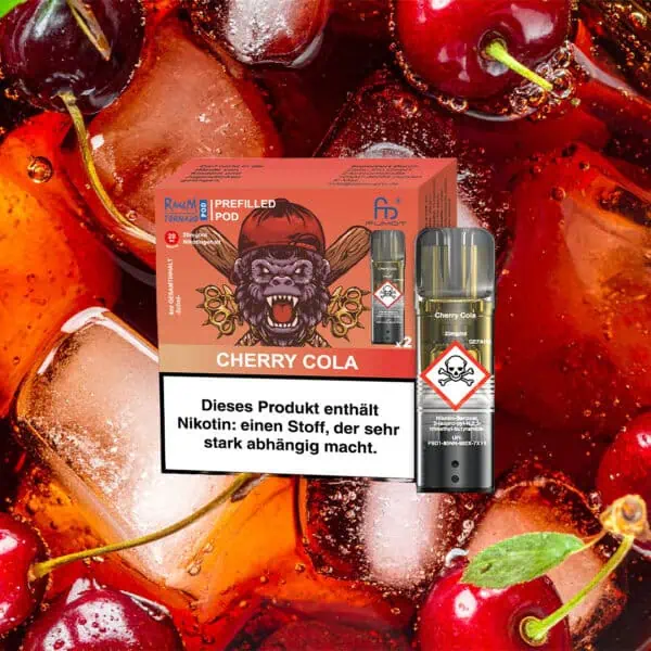 RandM Tornado Pods Cherry Cola mit auffälligem Gorilla-Design auf roter Verpackung, präsentiert vor sprudelndem Cola-Hintergrund mit Kirschen und Eiswürfeln – 20 mg/ml Nikotin, intensiver Cola-Kirsch-Geschmack