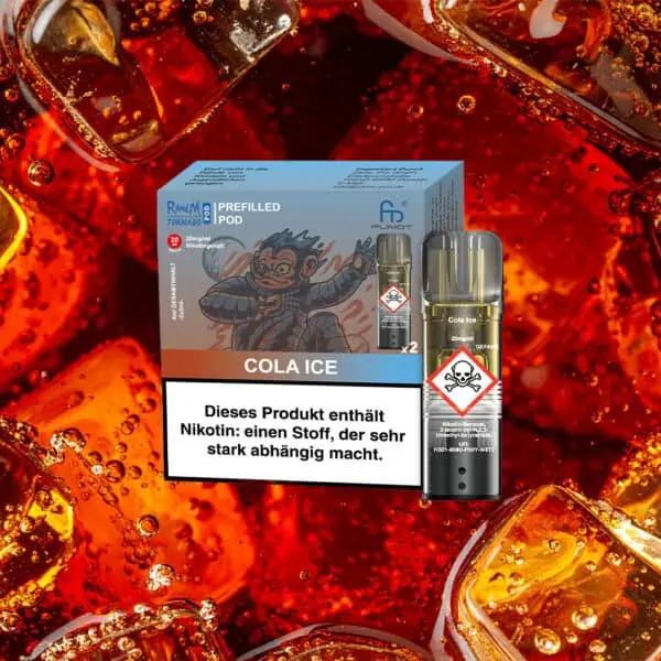 RandM Tornado Pods Cola Ice mit 20 mg/ml Nikotin – stylische Verpackung mit Eis-Cola-Motiv und Cartoon-Gorilla, vor sprudelndem Cola-Hintergrund mit Eiswürfeln