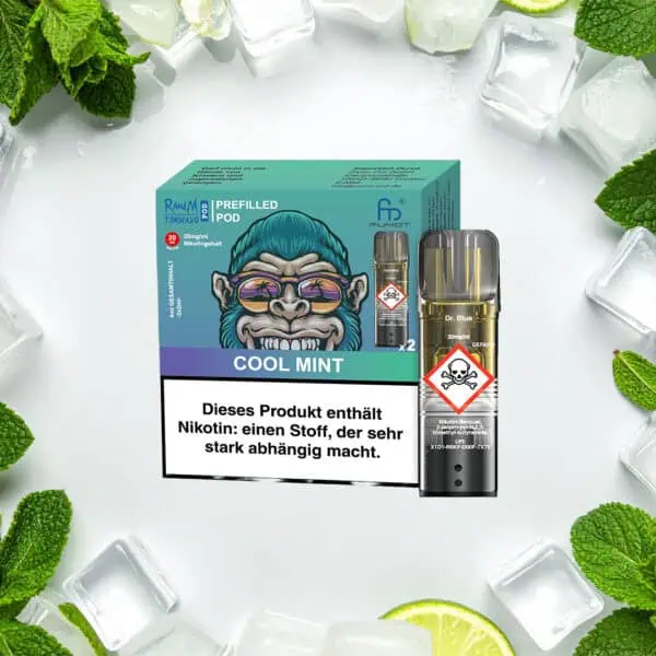 RandM Tornado Pods Cool Mint mit 20 mg/ml Nikotin – stylisches Verpackungsdesign mit eisblauem Gorilla und frischer Minz- und Eiswürfel-Optik im Hintergrund