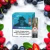 RandM Tornado Pods Dr. Blue mit 20 mg/ml Nikotin – auffälliges Verpackungsdesign mit stilisiertem Gorilla im Anzug vor beerigem Hintergrund mit Eiswürfeln und frischen Waldfrüchten