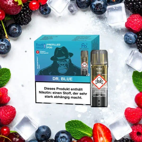 RandM Tornado Pods Dr. Blue mit 20 mg/ml Nikotin – auffälliges Verpackungsdesign mit stilisiertem Gorilla im Anzug vor beerigem Hintergrund mit Eiswürfeln und frischen Waldfrüchten